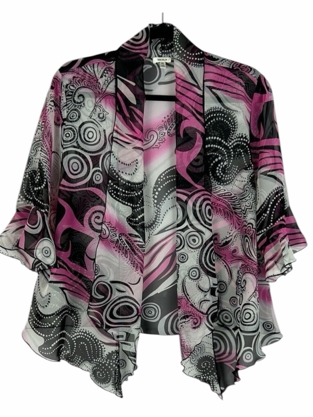 Nicola Artsy Open Front 3/4 Sleeve Ruffle Trim Sheer Kimono XL Black Pink